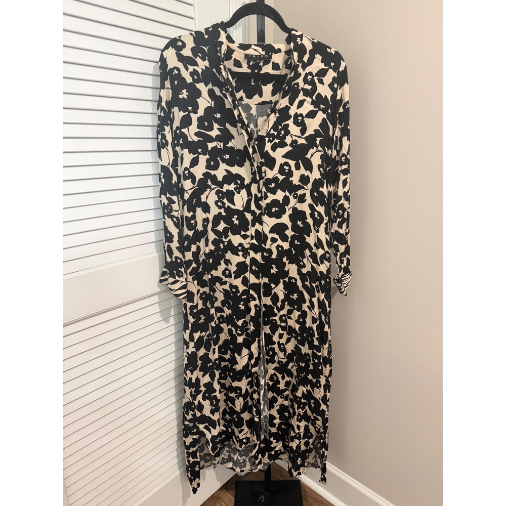 Third Form Womens Black Cream Floral Maxi Shirt Dress Long Sleeve Striped Cuffs
